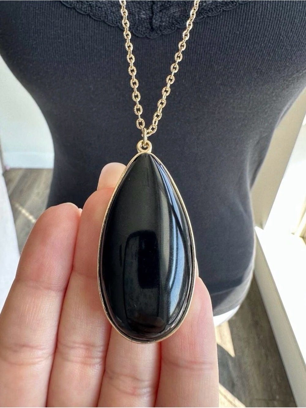 Gothic Black Teardrop Pendant Long Necklace Whimsigoth Witchy Halloween Y2K